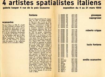 Catalogo per la mostra 4 artistes spatialistes italiens, Galerie Kasper, Lausanne, 4-21 Marzo, 1959 | Catalogue for the 4 artistes spatialistes italiens, Galerie Kasper, Lausanne, 4-21 March, 1959